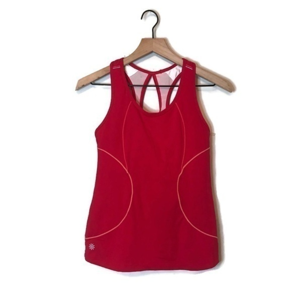Athleta Red Energy 2in1 Tank Top Sports Bra Racerback Keyhole Zipper Pocket SM